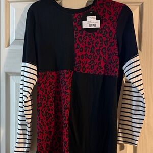 Adult small Patchwork Long Sleeve Top with Red Leopard Print
